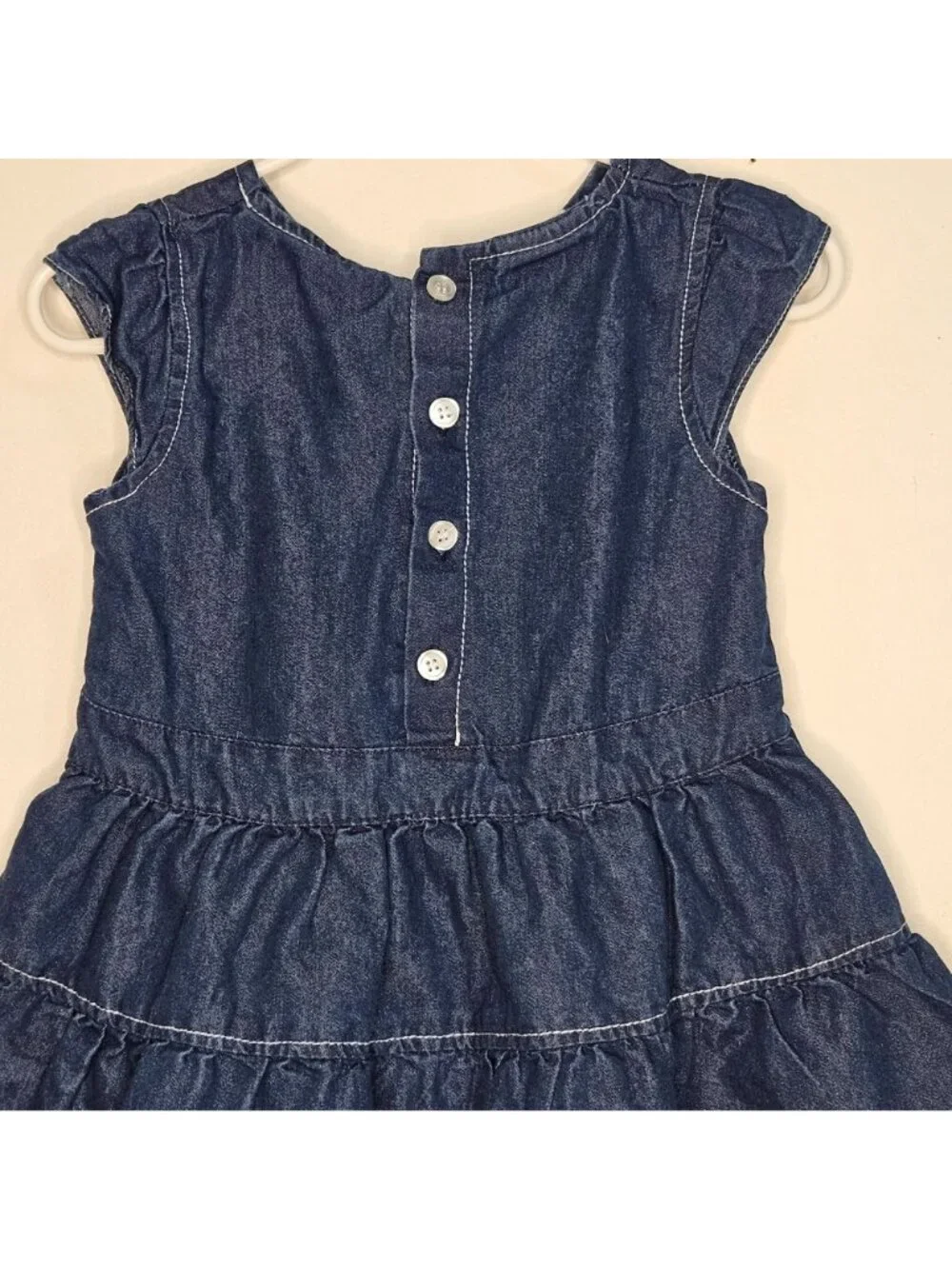 Denim Tiered Dress With Floral Embroidery & Button Closure - Toddler Girls
